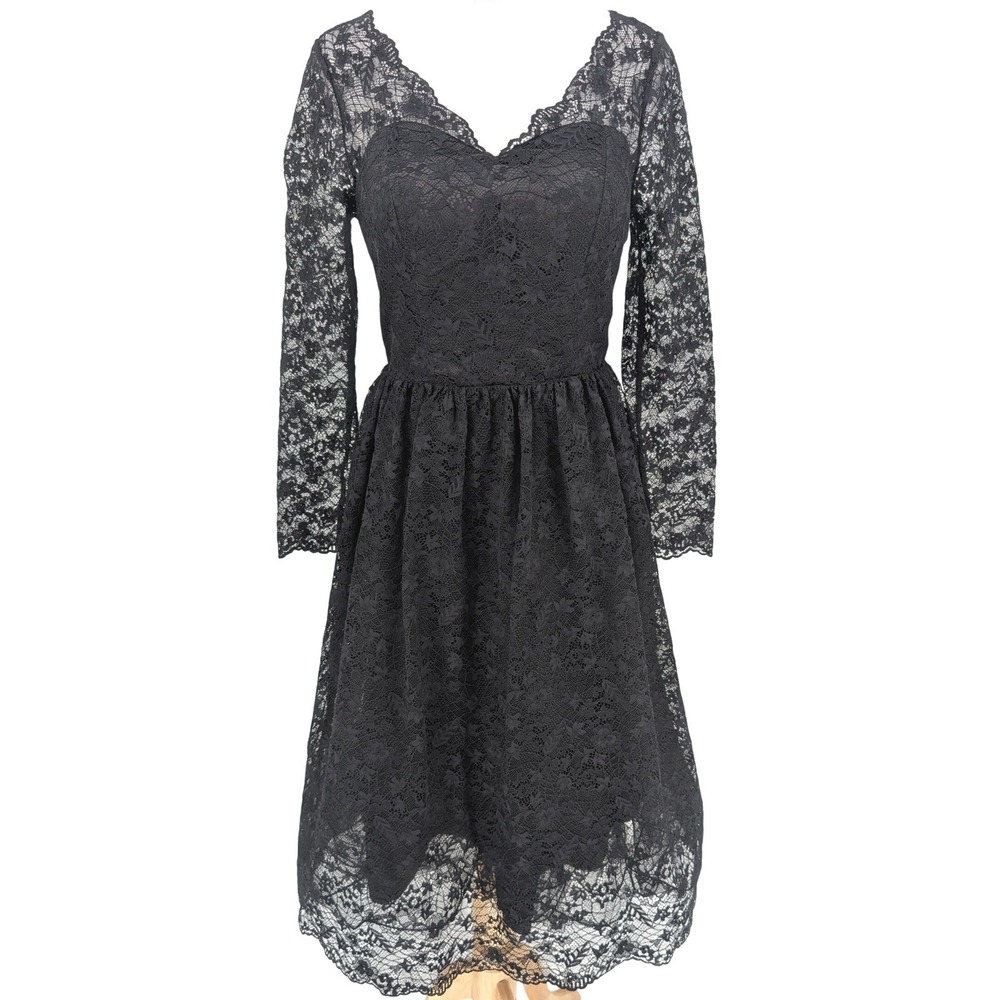 ModCloth Lace Midi Dress 4 Black Long Sleeve‎ Fit Flare Sheer Gothic Glam Retro